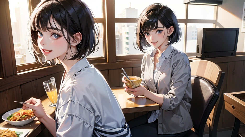 (perfect anatomy:1.2)(absurdres, highres, ultra detailed),masterpiece,best quality,high resolution,8k,Realistic face,Realistic skin texture,magnified textures, stunning clarity,detailed anime girl,(ultra detailed eyes and face),(1 girl:1.2)21years old,she is office worker,lunch time,Italian restaurant in a Japanese district,smile,grin:1.2,black hair, bob cut,natural make,grey jacket and pants,white brouse,light look at winfows,sparkling eyes.small nose,roundface,She looks happy,upper body,Italian restaurant Eating pasta happily