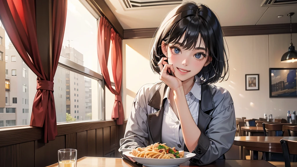 (perfect anatomy:1.2)(absurdres, highres, ultra detailed),masterpiece,best quality,high resolution,8k,Realistic face,Realistic skin texture,magnified textures, stunning clarity,detailed anime girl,(ultra detailed eyes and face),(1 girl:1.2)21years old,she is office worker,lunch time,Italian restaurant in a Japanese district,smile,grin:1.2,black hair, bob cut,natural make,grey jacket and pants,white brouse,light look at winfows,sparkling eyes.small nose,roundface,She looks happy,upper body,Italian restaurant Eating pasta happily