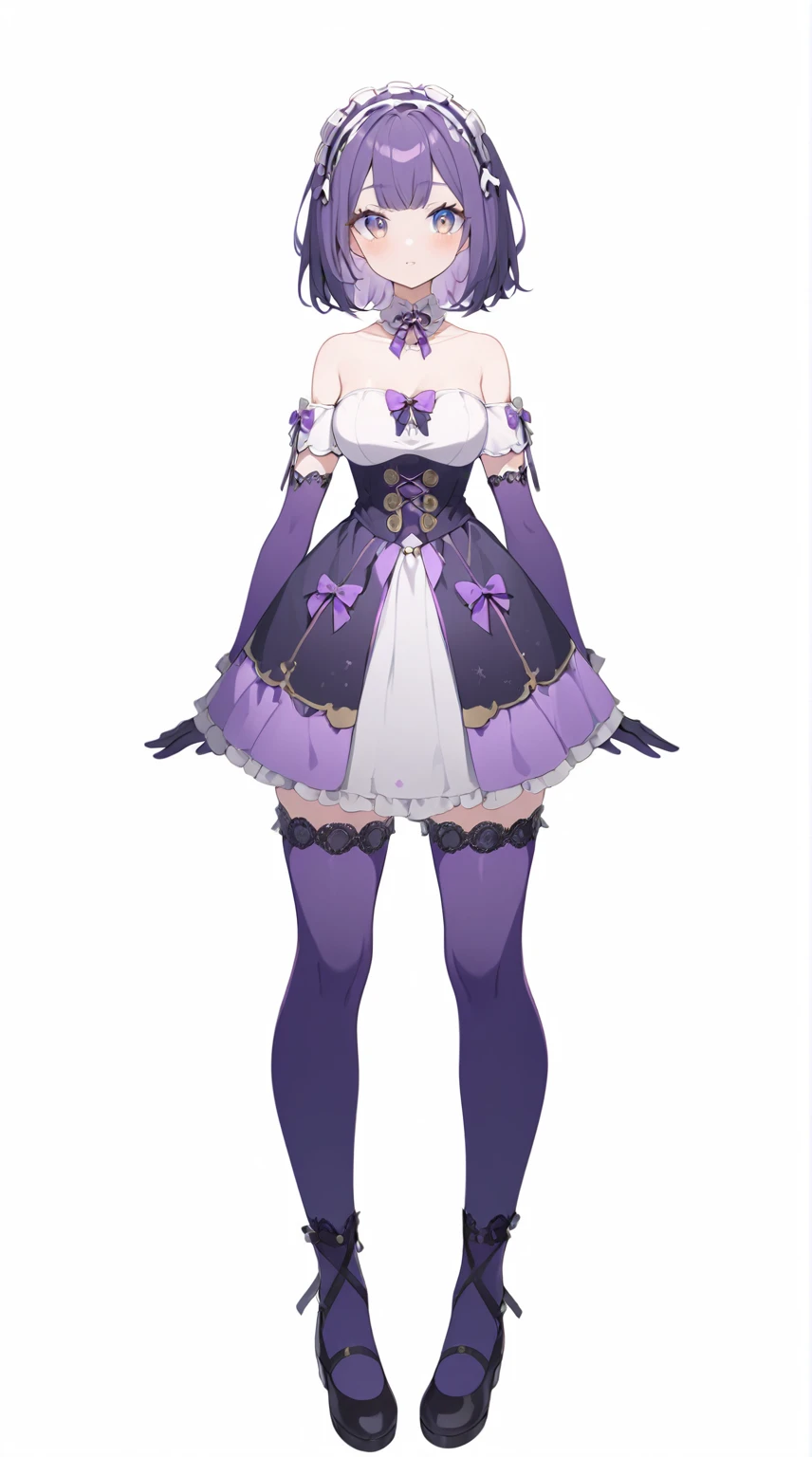 Vtuber design, 1 woman, purple clothes, purple hair, white petticoat, white top, Purple stockings, purple gloves , Golden Eyes, headdress
