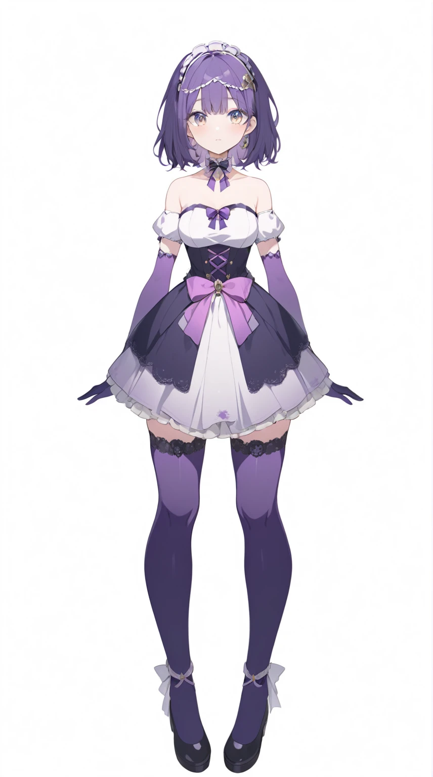Vtuber design, 1 woman, purple clothes, purple hair, white petticoat, white top, Purple stockings, purple gloves , Golden Eyes, headdress 