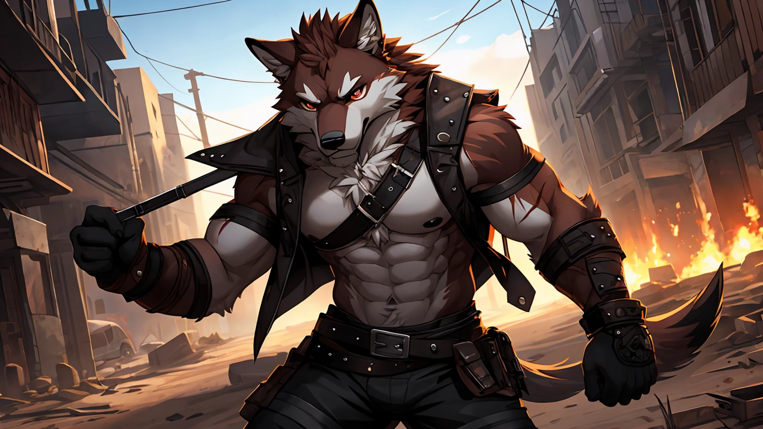 masterpieceы, fluffy, male, anthropomorphic, dark red wolf, Vein, slim build, tender eyes, Españolca, gray fur, White underbelly, terrorist, Bandit, Punk, depth of field, perfect lighting, (Best quality),(masterpiece),(ultra detailed), sharp focus, Detailed wasteland background, shirtless, huge and juicy black nipples, fierce look, scars, black gloves, skinny black shorts
