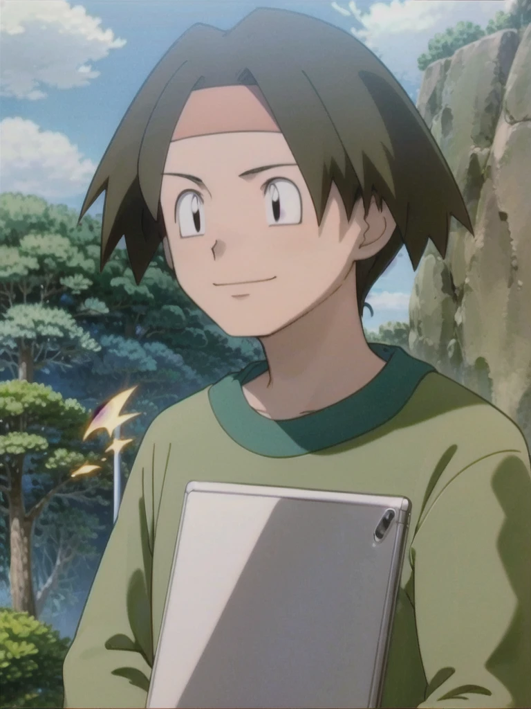 Tracey, solo, smile, shirt, 1boy, closed mouth, upper body, male focus, outdoors, sky, cloud, black eyes, green shirt, anime coloring pokemovies, sugimori ken, ken sugimori ken \(style\), masterpiece, 8k, best quality, happy, smile, anime screencap, zoom out, landscape, sea, daytime, sunlight, concept art, anime background,