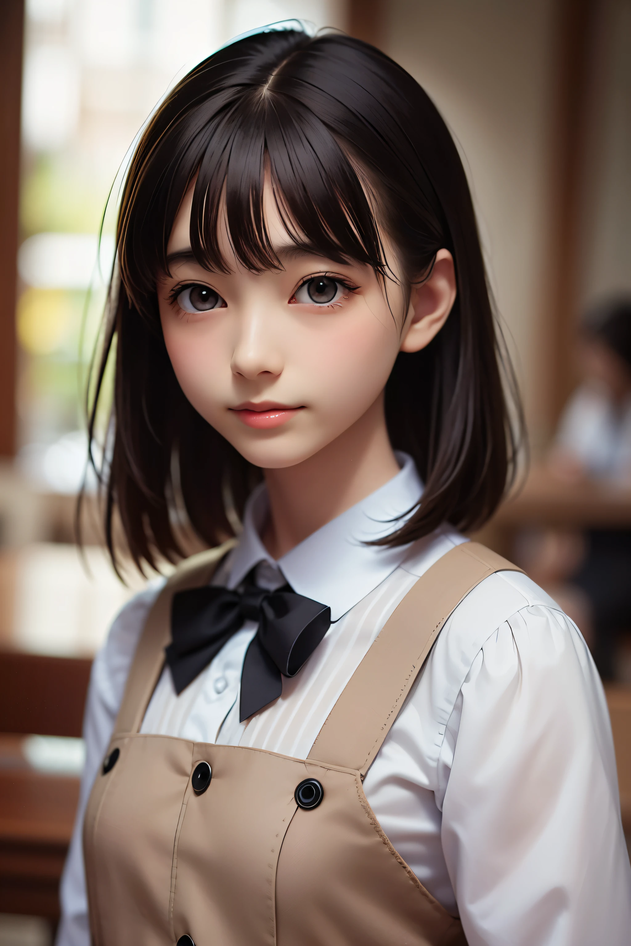 Detailed face, Cute Face, ((masterpiece, Highest quality)), (One Girl), (alone), (Focus on women), night (Chainsaw Man),(Highly Detailed face, The true picture, Realistic white skin, Realistic body, Intricate details), Upper Body, strict , Brown eyes, Looking at the audience, bandage over the body, Black Hair, Long sleeve shirt, Apron dress, Black tie, bandage, bandage, Small breasts