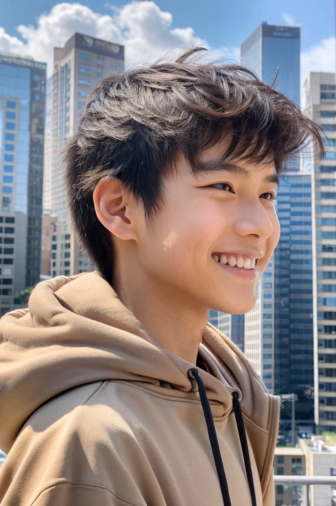 young man, japanese,,smile,from front,spiky hairstyle,diamond face,muscular,light brown hair,posing to viewer, solo:1, pov, (face upward:0.37), city background, upper body,hoodie jacket