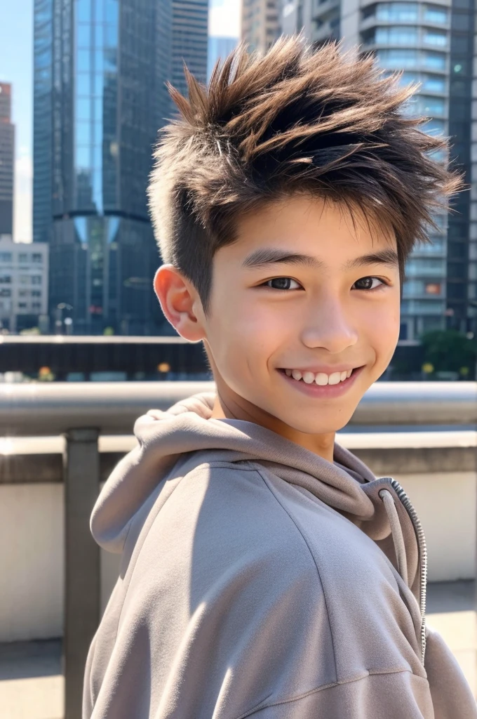 young man, japanese,15 years old,smile,from front,spiky hairstyle,diamond face,muscular,light brown hair,posing to viewer, solo:1, pov, (face upward:0.37), city background, upper body,hoodie jacket