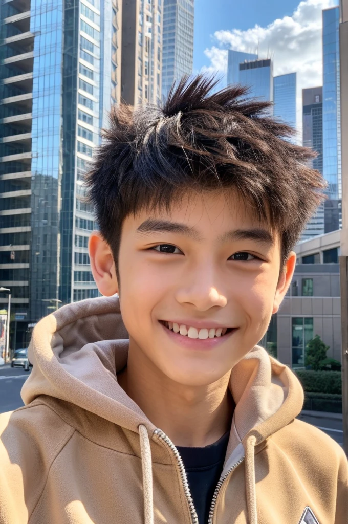 young man, japanese,************,smile,from front,spiky hairstyle,diamond face,muscular,light brown hair,posing to viewer, solo:1, pov, (face upward:0.37), city background, upper body,hoodie jacket