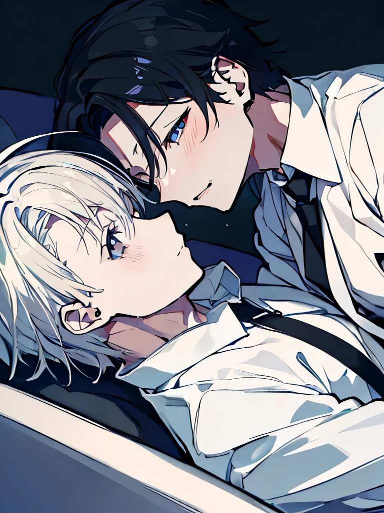 (Mastepiece), (Best Quality), Very detailed, ((Two men intimate)), Perfect Face, Beautiful Face, Very detailed顔,(One black-haired man:1.3),(One white-haired man:1.3),shirt、smile