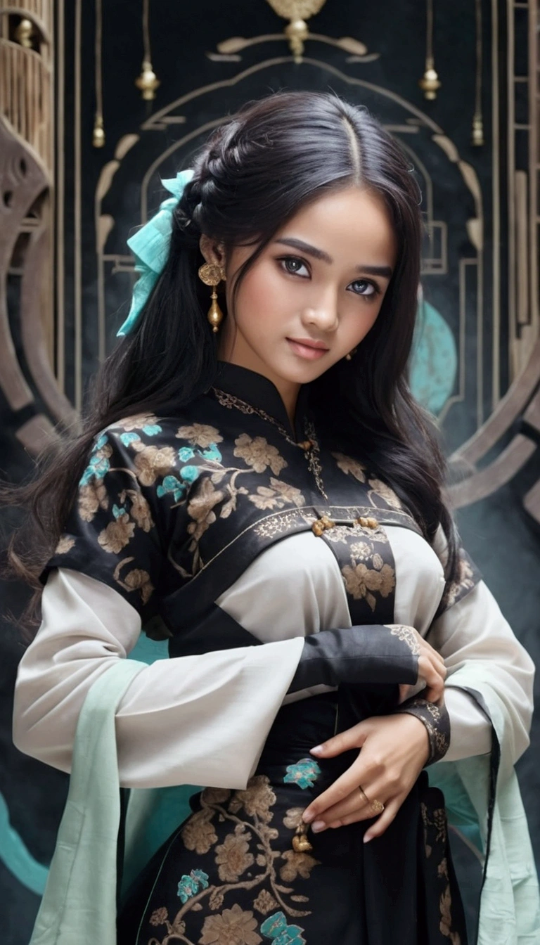 pretty girl、Realistic, Brown eyes, Black Hair, Javanese traditional clothing, Cyan Batik