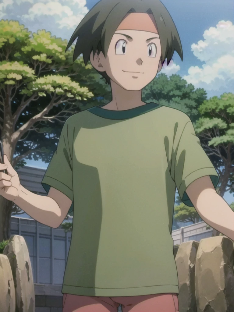 Tracey, solo, smile, shirt, 1boy, closed mouth, upper body, male focus, outdoors, sky, cloud, black eyes, green shirt, anime coloring pokemovies, sugimori ken, ken sugimori ken \(style\), masterpiece, 8k, best quality, happy, smile, anime screencap, zoom out, landscape, sea, daytime, sunlight, concept art, anime background,