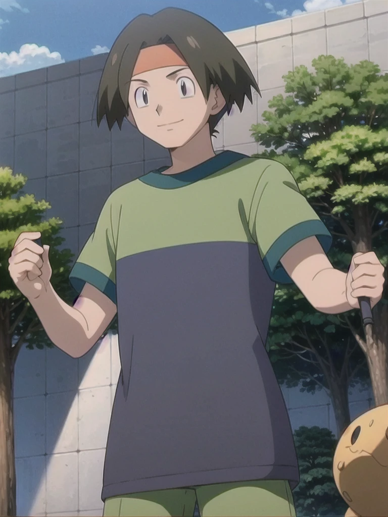 Tracey, solo, smile, shirt, 1boy, closed mouth, upper body, male focus, outdoors, sky, cloud, black eyes, green shirt, anime coloring pokemovies, sugimori ken, ken sugimori ken \(style\), masterpiece, 8k, best quality, happy, smile, anime screencap, zoom out, landscape, sea, daytime, sunlight, concept art, anime background,