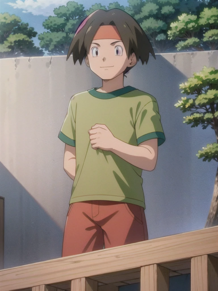 Tracey, solo, smile, shirt, 1boy, closed mouth, upper body, male focus, outdoors, sky, cloud, black eyes, green shirt, anime coloring pokemovies, sugimori ken, ken sugimori ken \(style\), masterpiece, 8k, best quality, happy, smile, anime screencap, zoom out, landscape, sea, daytime, sunlight, concept art, anime background,
