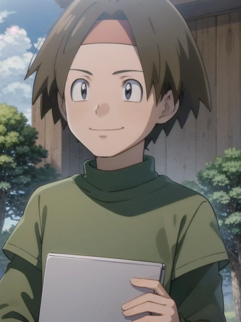 Tracey, solo, smile, shirt, 1boy, closed mouth, upper body, male focus, outdoors, sky, cloud, black eyes, green shirt, anime coloring pokemovies, sugimori ken, ken sugimori ken \(style\), masterpiece, 8k, best quality, happy, smile, anime screencap, zoom out, landscape, sea, daytime, sunlight, concept art, anime background,