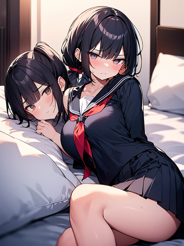 Navy blue short-sleeved sailor suit:1.9. Dark blue uniform pleated skirt:1.9. Anime drawings with vivid colors: Tall women:1.9 Scream:1.9. Lie on the bed with your legs wide open:1.3 Sweat, breasts, buttocks, troubled face, glaring, wrinkled brows, flushed cheeks, night:1.3 Apartment bedroom, white sheets, short black hair, ponytail:1.9 Straight hair, bangs swept to the side:1.9. Slanted eyes, brown eyes, tall, big breasts, strong-willed, beautiful
