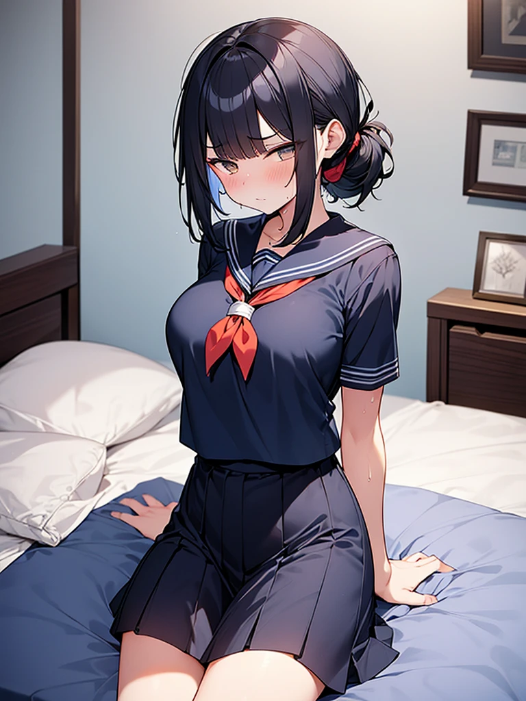 Navy blue short-sleeved sailor suit:1.9. Dark blue uniform pleated skirt:1.9. Anime drawings with vivid colors: Tall women:1.9 Scream:1.9. Lie on the bed with your legs wide open:1.3 Sweat, breasts, buttocks, troubled face, glaring, wrinkled brows, flushed cheeks, night:1.3 Apartment bedroom, white sheets, short black hair, ponytail:1.9 Straight hair, bangs swept to the side:1.9. Slanted eyes, brown eyes, tall, big breasts, strong-willed, beautiful