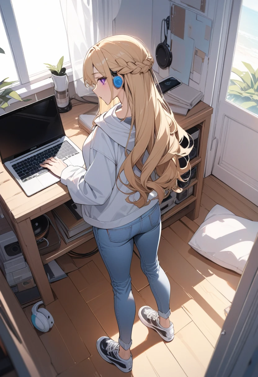 masterpiece, best quality, extremely detailed, ultra detailed, flat anime, 2D,
1girl, (young adult:1.2),blonde hair, (semi-long hair:1.2), curly hair, french braid, medium breasts, tsurime, purple eyes, height 1.7meters,
white hooded sweatshirt, jeans, earring,bracelet, long sleeves, ((Bluetooth small earphone)),
Back view of a laptop computer,Operating a laptop computer,
from behind, full body,
summer, livingroom, 12AM., standing