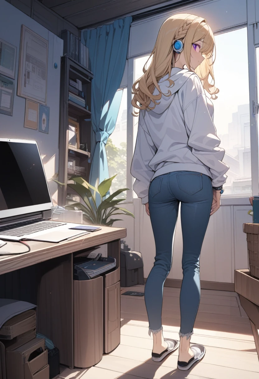 masterpiece, best quality, extremely detailed, ultra detailed, flat anime, 2D,
1girl, (young adult:1.2),blonde hair, (semi-long hair:1.2), curly hair, french braid, medium breasts, tsurime, purple eyes, height 1.7meters, 
white hooded sweatshirt, jeans,  earring,bracelet, long sleeves, ((Bluetooth small earphone)),
Back view of a laptop computer,Operating a laptop computer,
from behind, full body, 
summer, livingroom, 12AM., standing