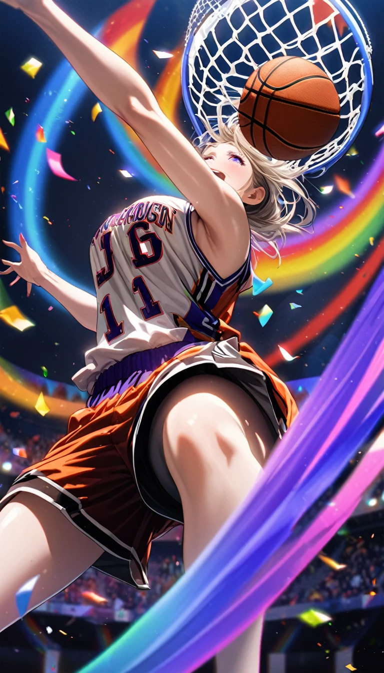 Highest quality, Highest quality, 16K, Unbelievably absurd, Very detailed, delicate and dynamic, Natural light, The particles reflect the rainbow colors, Diffuse reflection of light, Vortex of Light, Lots of rainbow-colored confetti falling, Basketball court, night, illumination, Create amazing image effects, Upper body close-up, (sole sexy girl, Firm bust, , powerful, A game-winning dunk by a professional basketball player, Hollow, Floating in the air, A powerful dunk, Basketball Uniforms,)