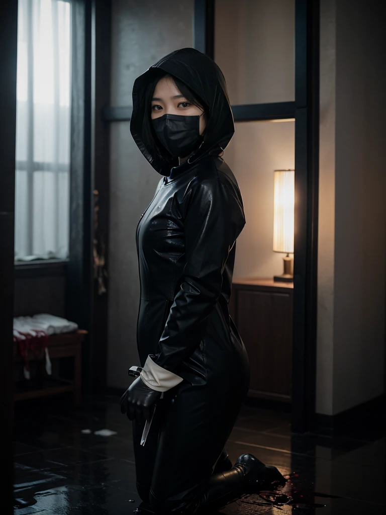 korean girl, (behind corpse, surgical mask), holding knife, stabbing, leather gloves, room full of blood, black raincoat, hood up, holding knife, black wet suit, leather gloves, behind corpse, blood splatter, short hair, night, mass murderer, robbery, in the hotel, light from the window, dark atmosphere, cinematic lighting, atmospheric realistic,