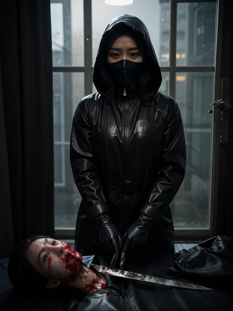 korean girl, (behind corpse, surgical mask), holding knife, stabbing, leather gloves, room full of blood, black raincoat, hood up, holding knife, black wet suit, leather gloves, behind corpse, blood splatter, short hair, night, mass murderer, robbery, in the hotel, light from the window, dark atmosphere, cinematic lighting, atmospheric realistic,
