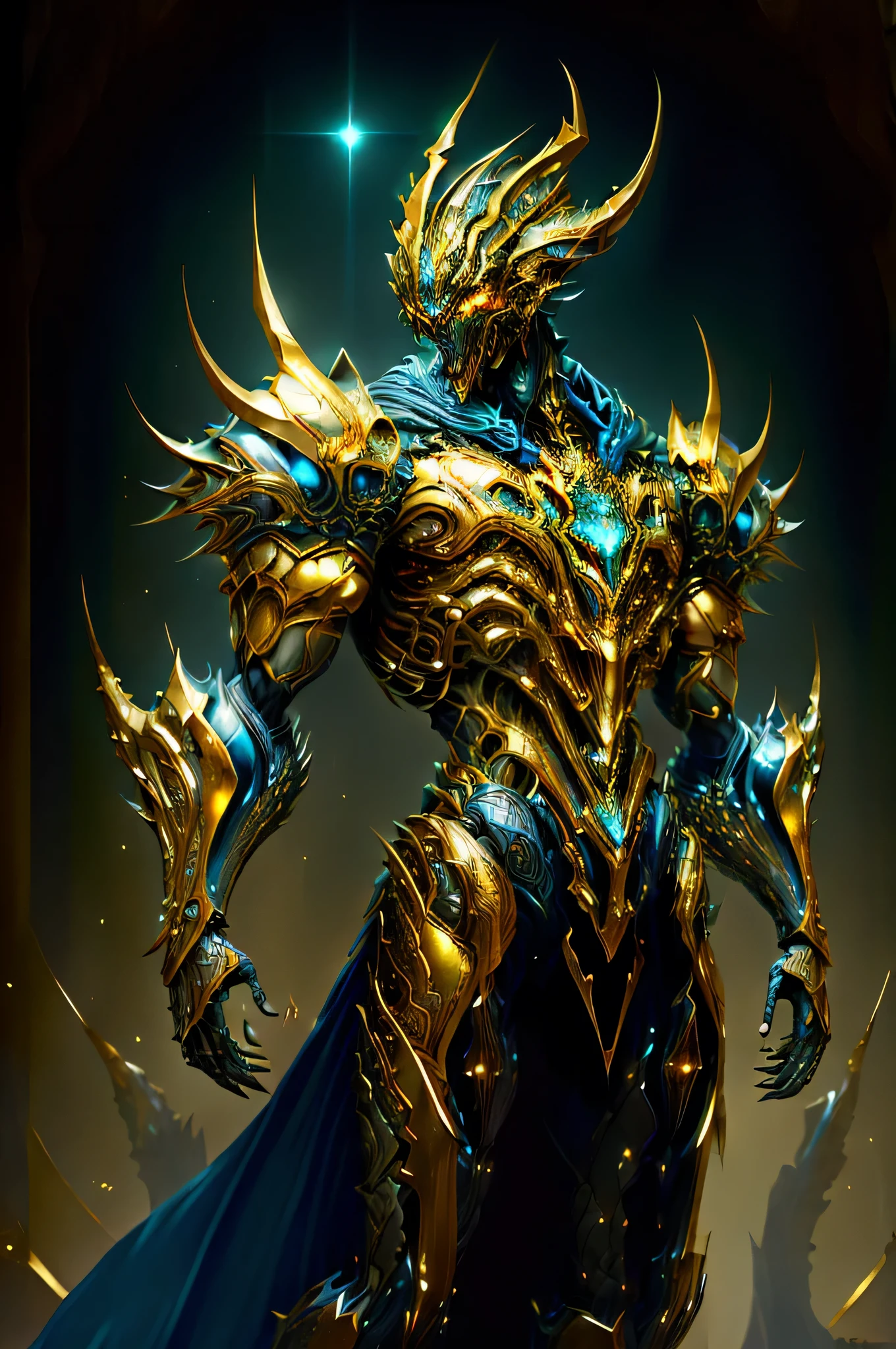 (masterpiece:1.2), best quality, high resolution, unity 8k wallpaper, (illustration:1.0), beautiful detailed, extremely detailed, perfect lighting, extremely detailed CG,glowing eyes,backlighting,armor, fake_horns, glowing, full_armor,warframe,humanoid_robot,horns, helmet,mask,sample_background,
looking at the viewer,solo,perspective, full body, dark magic, dazzling energy, voild, eyes of sky very noble, dragon concept armor, pillar of light, wearing a platinum robe, machanical hand, negative energy, sliver armor(the colour is gold), Embedded with blue gems, metallic, real texture material, prefect body proporions, golden ratio, symmetrical face, hero