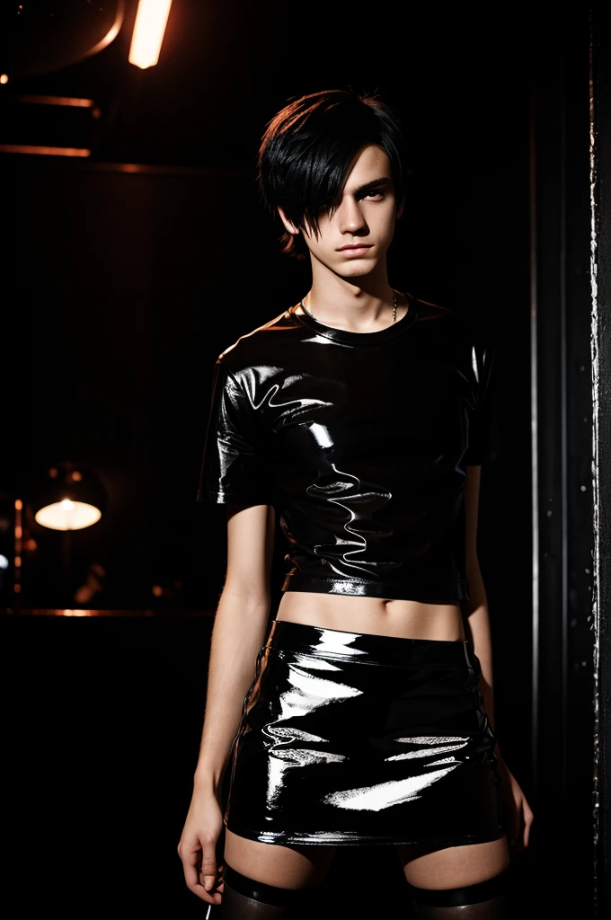 masterpiece: a young 18-year-old emo man, dressed in a patent leather t-shirt and leather miniskirt, with shaved legs, enters the dark room of a gay club.  Maximum detail.  photographic quality.  low light.