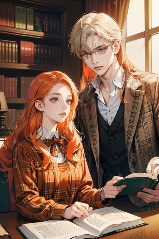 (absurdres, highres, ultra detailed)(couple wearing brown plaid uniform, reading book together in the library)(1 female, 1 male),(1 female with red-orange hair, long wavy hair without bangs, green eyes)(1 male with short white hair, blue eyes, wearing eyeglasses, )(background: warm lighting from windows, victorian library)