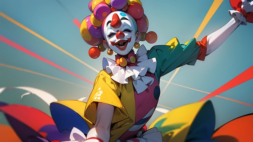 (((masterpiece,Highest quality))),(((A clown of unknown gender and face))),((Dancing wildly)),((((There's only one person and no one else)))),(A wilderness with an empty horizon,Split sky displayed in virtual texture),Focus on people,(high quality),