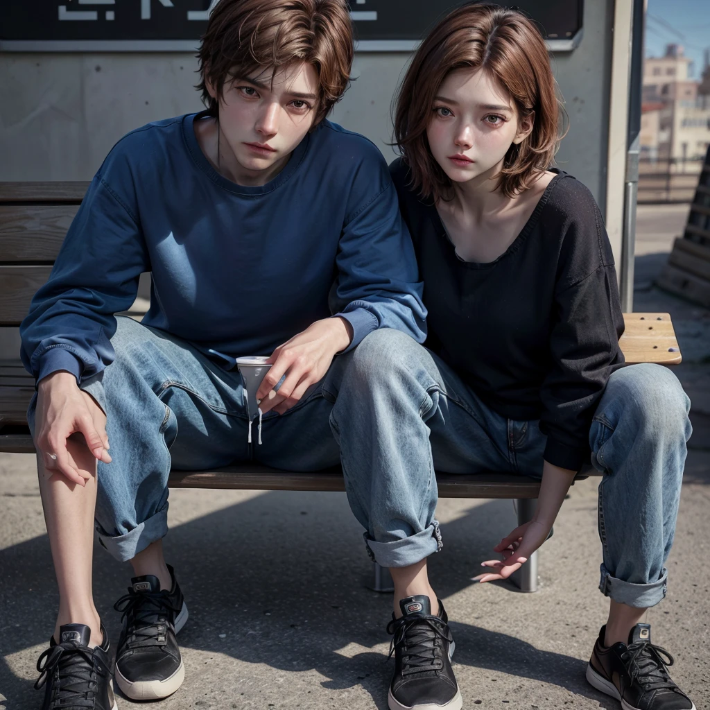 Create a realistic image, the character is a man with short brown hair, brown eyes, fair skin, blue blouse, jeans and black sneakers. He sits on a bench in a square with a tired face. Ensure the illustration has a warm and inviting atmosphere, the image is rendered in high definition, capturing the exciting essence of the moment, and the composition exudes cinematic quality, Typography, Concept Art, Photo, Illustration, 3D Rendering, Cinematic , poster, vibrant, portrait photography, that is visually appealing to young people, use vibrant colors.