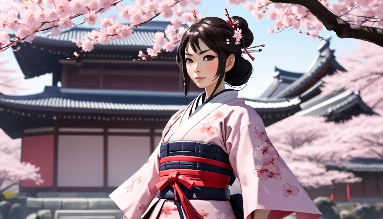 Female samurai,Background is cherry blossoms and a Japanese temple、