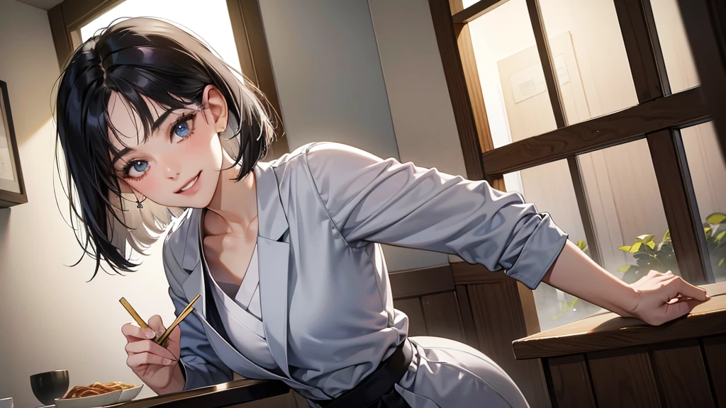 (perfect anatomy:1.2)(absurdres, highres, ultra detailed),masterpiece,best quality,high resolution,8k,Realistic face,Realistic skin texture,magnified textures, stunning clarity,detailed anime girl,(ultra detailed eyes and face),(1 girl:1.2)21years old,she is office worker,lunch time,Italian restaurant in a Japanese district,smile,grin:1.2,black hair, bob cut,natural make,grey jacket and pants,white brouse,light look at winfows,sparkling eyes.small nose,roundface,She looks happy,upper body,Italian restaurant Eating pasta happily
