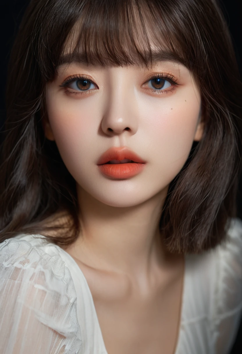 8K, best quality, 1 Girl, (Skin Indentation), night, (dark), Indoor clear background, (people), Beautiful bangs, Gorgeous,, (Clothing and:1.3),Soft lighting, attractive, dark Room, (mouth close:1.2, beautiful eyes, Delicate eyes, Detailed iris, Beautiful lips, Beautiful nose, Pretty Face),(primary color:1.5)