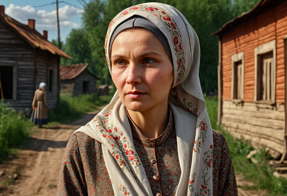 Village woman, post-war years, a woman in an old dress and headscarf, an adult woman, USSR, town ussr, masterpiece, Best quality, official art, 8k wallpaper, Very detailed, illustration