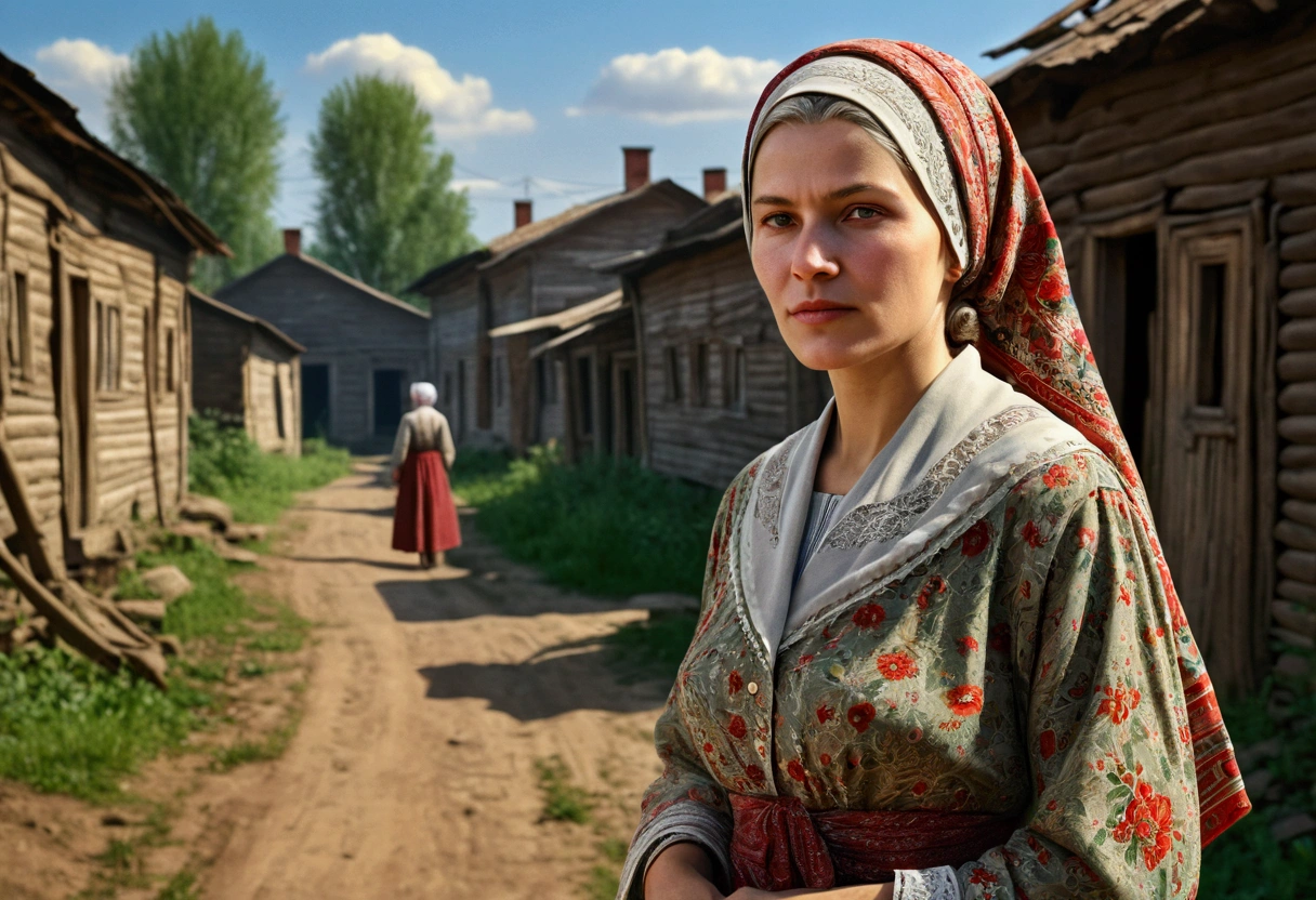 Village woman, post-war years, a woman in an old dress and headscarf, an adult woman, USSR, town ussr, masterpiece, Best quality, official art, 8k wallpaper, Very detailed, illustration