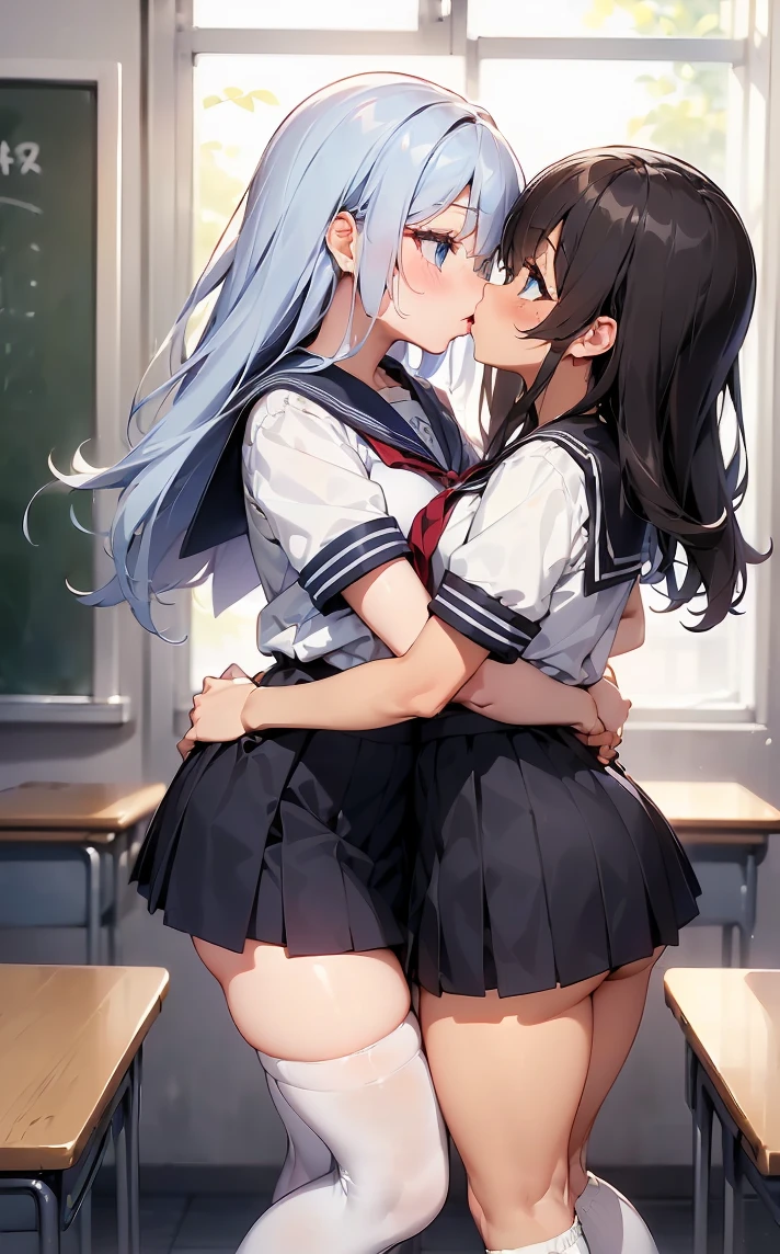 (Cute eyes:1.2), (classroom:1.2),(Beautiful Eyes:1.2), Highest quality,wonderful,finely,Highly detailed CG Unity 8K wallpapers, (Hug from behind:1.3),(kiss:1.3),(Two people with height difference:1.5), (Two Girls, Sailor suit, Skinny body, Dressed), (Huge breasts), (Open your mouth:1.1),(White knee socks:1.3),(Thighs:1.3),(Waistline:1.2),(お揃いのSailor suit:1.2),(From behind:1.2),(Beautiful Eyes:1.2),(Different hairstyles),(Their eyes are different colors:1.5),(Their skin colours are different:1.5),(Thighsまで隠れるニーソックス:1.2),(Very short skirt:1.3),(Don't cross your arms:1.2)