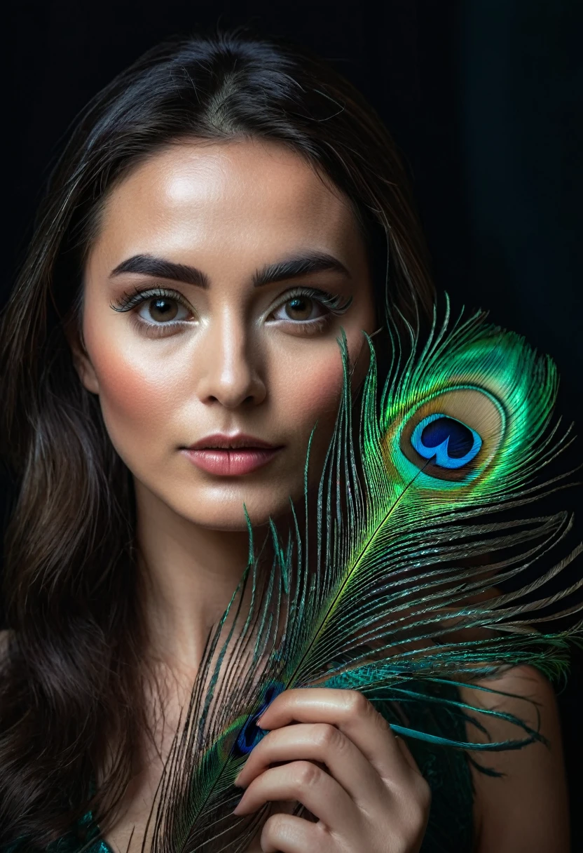 ultra clear raw photo of woman with a peacock feather, close up, dark background