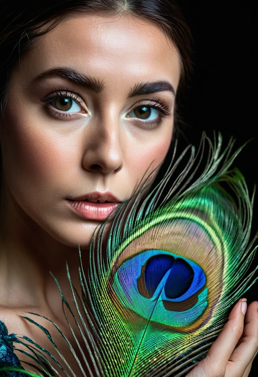 ultra clear raw photo of woman with a peacock feather, close up, dark background