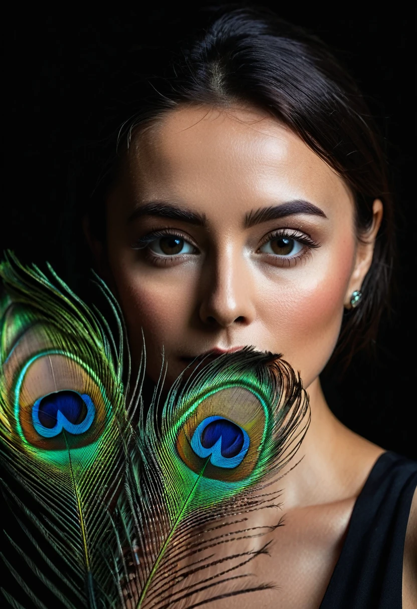 ultra clear raw photo of woman with a peacock feather, close up, dark background
