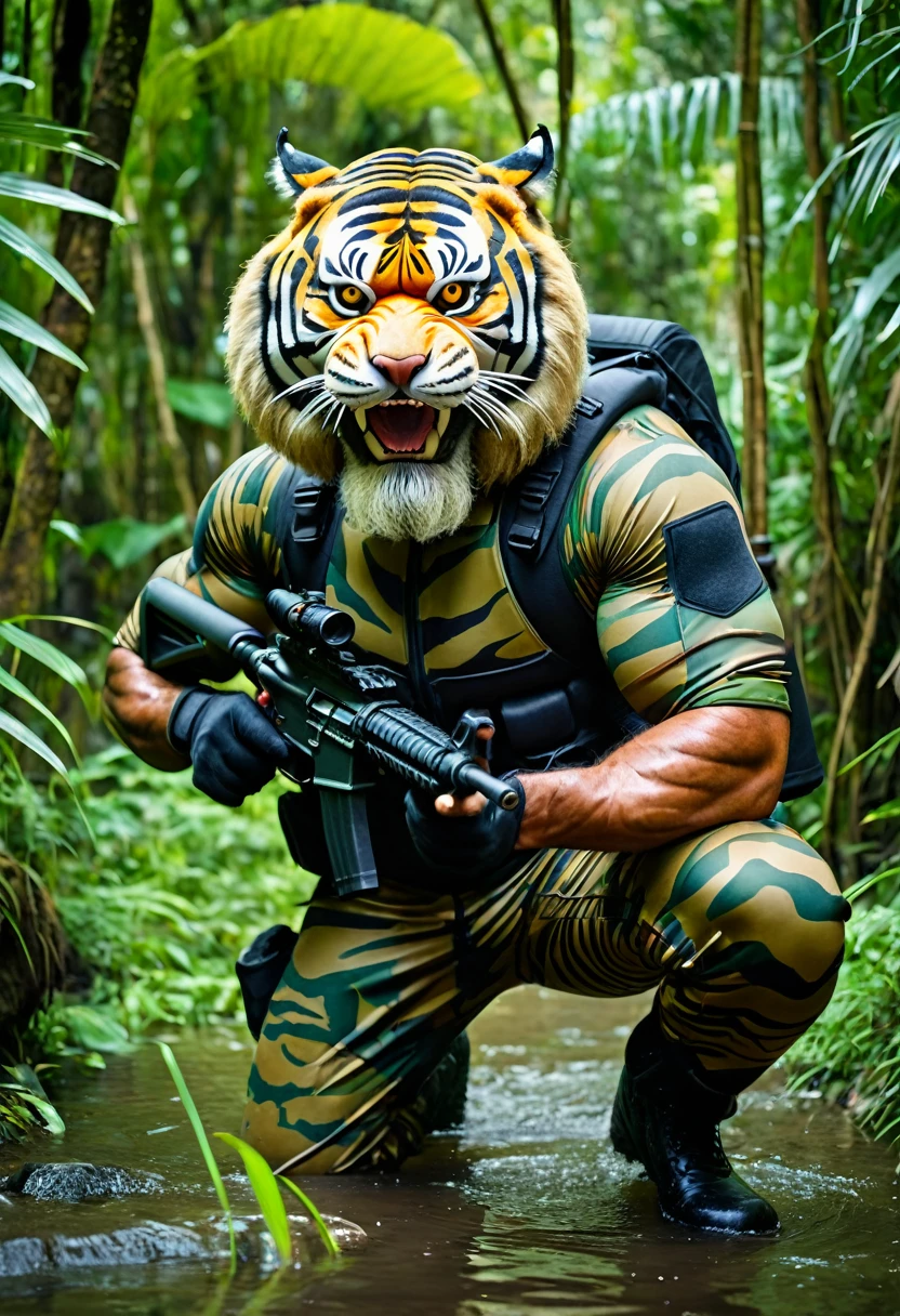 (a dark-skinned bearded fat muscular old man in a bulky army camouflage zipper diver suit), and (wearing realistic roaring siberian tiger mask), wearing army boots, crouching in a jungle and shooting sniper rifle, muscular physique, imposing stature, toned muscles, Basuki Abdullah, sumatraism, stanley artgermm, action, heroic, fierce, snarling