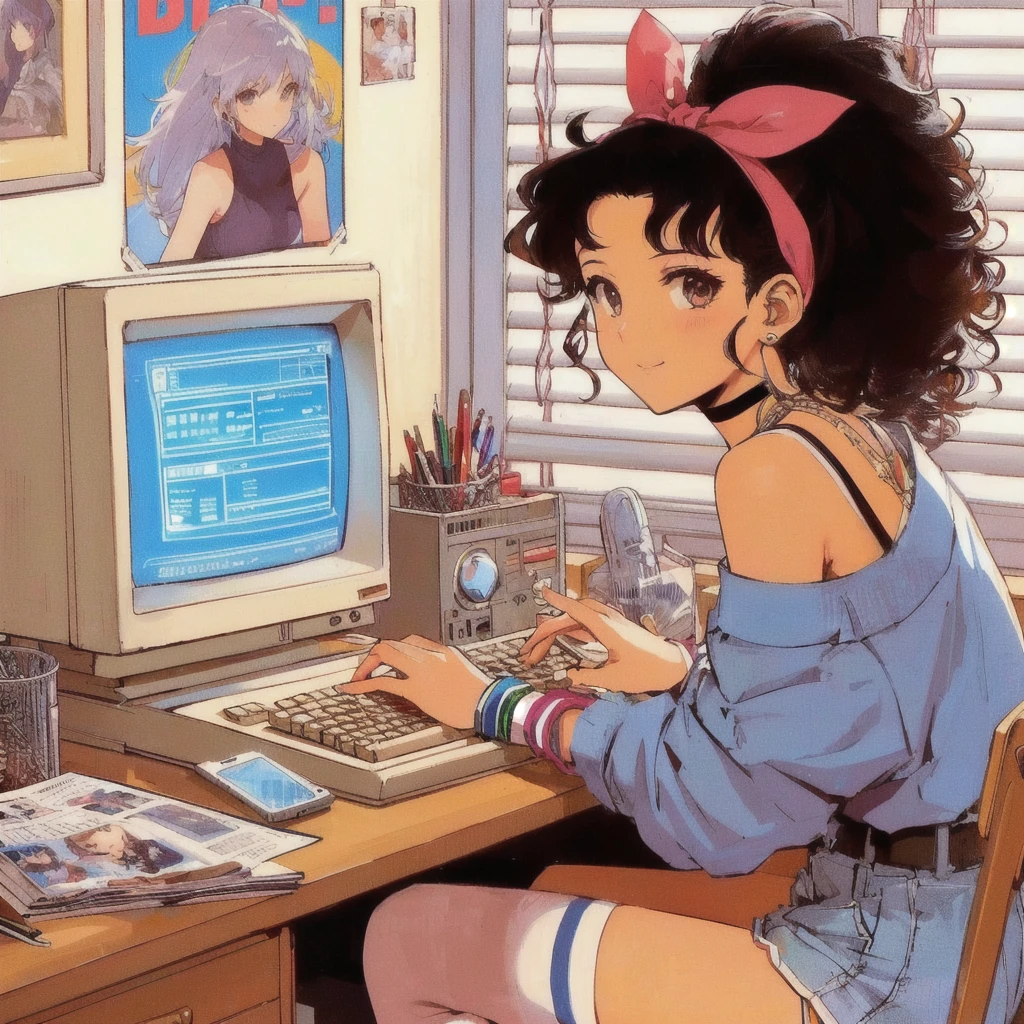 Anime girl sitting at a desk typing on a computer, 80's anime vibe, Retro Anime Girls, 80's PC,Magazines from the 80s,80s poster,80s anime art style, 80s anime style, 1980's anime style, In 80s anime art style, Lo-fi Girl