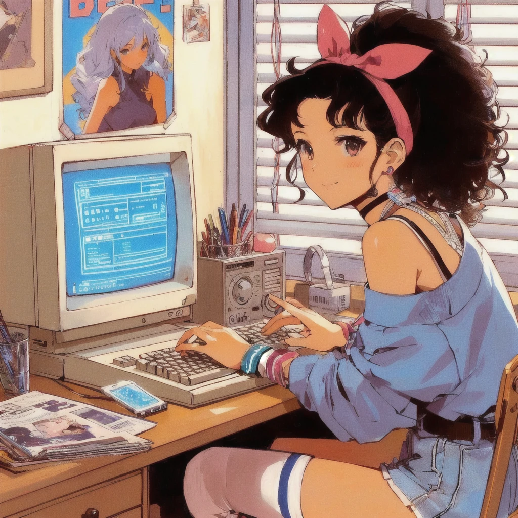 Anime girl sitting at a desk typing on a computer, 80's anime vibe, Retro Anime Girls, 80's PC,Magazines from the 80s,80s poster,80s anime art style, 80s anime style, 1980's anime style, In 80s anime art style, Lo-fi Girl
