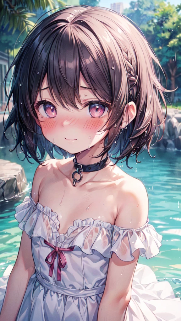 (Ultra-high resolution of the highest quality, masutepiece, Best Quality, 8K, Super Detail, Best Quality:1.3), (Anatomically correct:1.3), (face shot:1.6), (1 Little Girl), (Child), (Loli), (infant), (Small body), (flat chest), (elementary school student), (blush face:1.6), short black wavy hair, bangs hair over eyes, (white strapless dress), in Park Fountain, funny smile, (wet), (beautiful hair, beautiful eyes, beautiful face) (face focus, human ear focus, clavicle focus), from side
