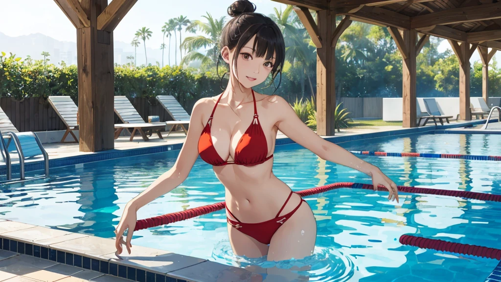 (Poolサイドの床に立つシニヨンの髪型、Hair Bun。)、(Women in colorful swimsuits、)、Through clenched teeth、Through clenched teeth、Multiple mature women ranging from their teens to their 40s、/(Light brown short hair/) bangs、A light smile、(Top quality masterpiece: 1.2) A delicate illustration of a super-detailed chest area、Curved waist、Wide Hip Break（Pool）indoor、Course rope、Sealing、Detailed Background