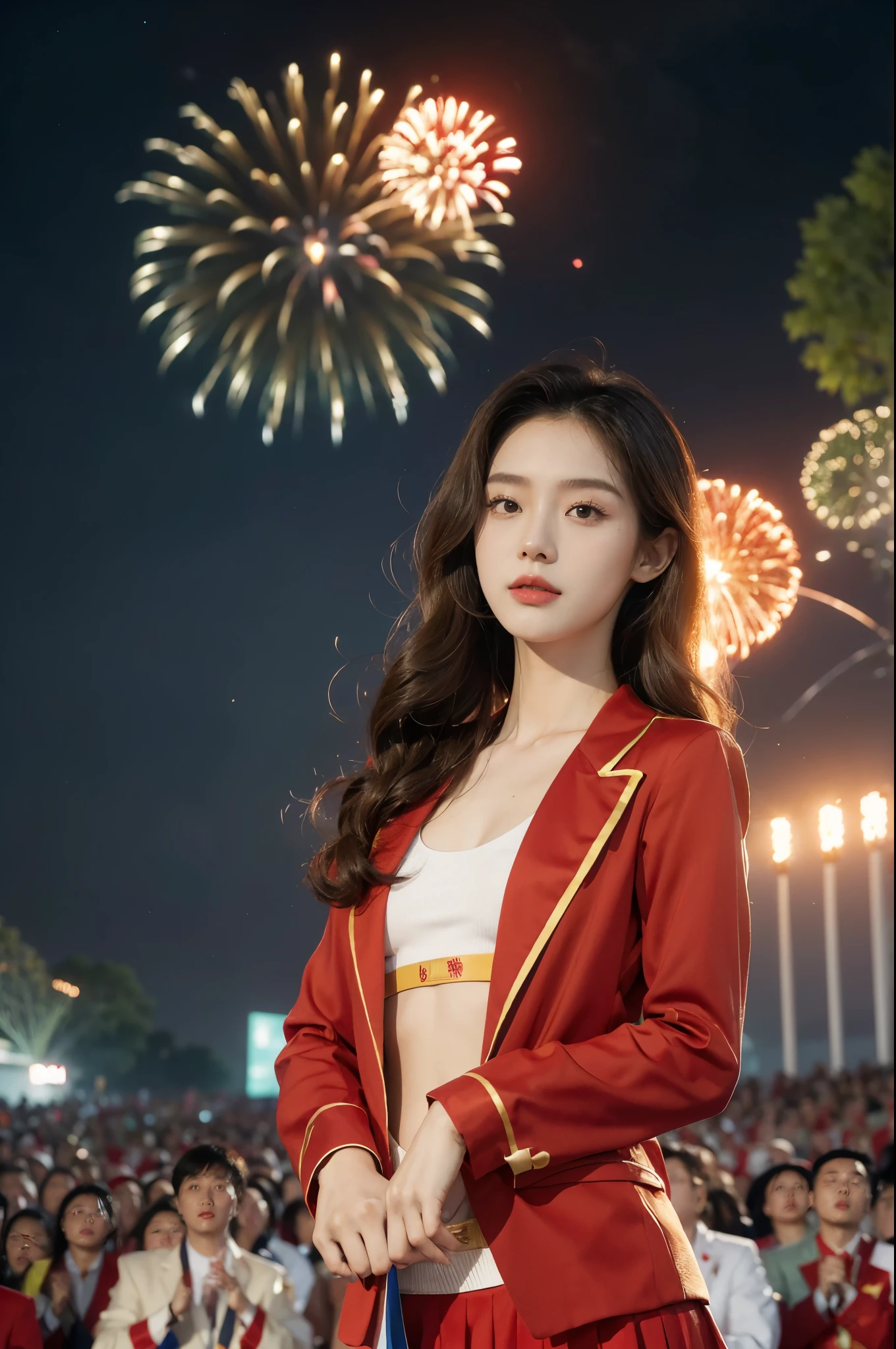 (((best quality))),(((ultra detailed))),(((masterpiece))),illustration, ((Olympic Opening Ceremony,in Paris,summer night,magnificent National stadium of France,Olympic flame, fireworks)),(crowded crowds of enthusiastic spectators:1.3),((a beautiful Chinese girl,solo)),((shoulder length straight hair:1.2)),((slim,thin)),((small breasts,flat chest)),(red blazer:1.5),(yellow skirt:1.2),(slender legs:1.2),excited expression, awe, celebrating, electric atmosphere, sense of pride, excitement, playing field, crowd energy, unity, camaraderie, representing China, historic event, memorable moment,((from front,upper body))