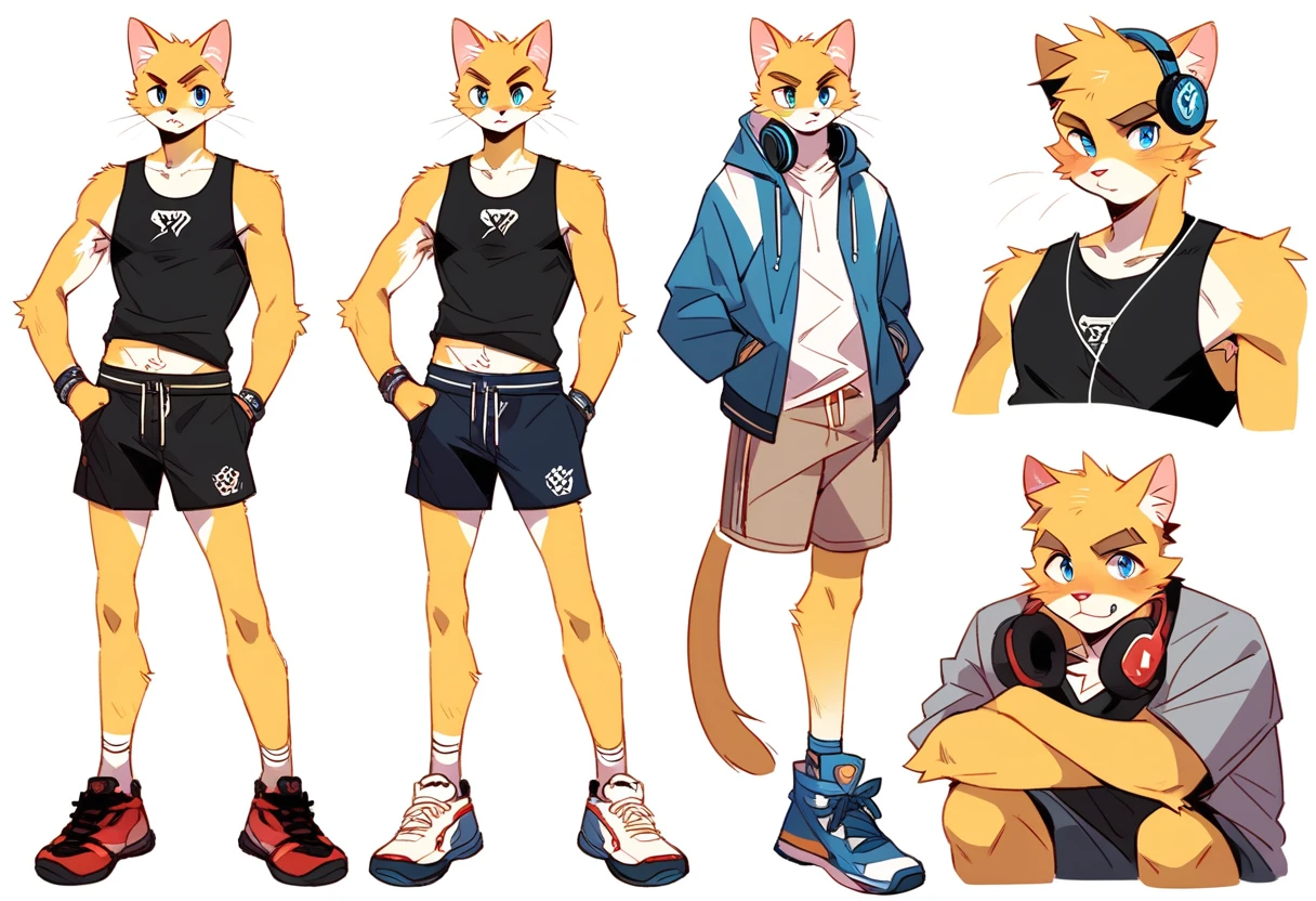 score_9, score_8_up, score_7_up, male, furry, high quality, hires, anthro, teenager, 16 years old, domestic cat, bright yellow fur, blue eyes, wide brown eyebrows, confidant expression, humanoid feet, slim body, prominent v-line, prominent abs, prominent legs, prominent forearm, prominent knees, white background, treasure trail, armpit hair, furry legs, in 3 various sexy poses, headphones, casual clothes, joggers, black tank top, shorts, work out