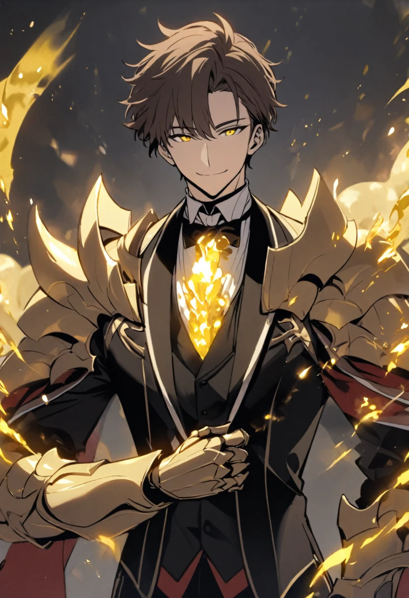 Handsome, solo, male, short hair, brown hair, hair middle part, yellow eyes, smile facial, black tuxedo, red accents, white trim on tuxedo, black pant, giant gold gauntlets, golden energy