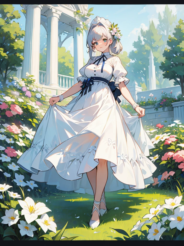 a pretty woman, dressed in white revealing dress, big breasts, standing, garden, ribbon, flower