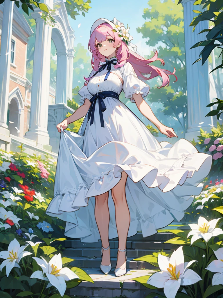 a pretty woman, dressed in white revealing dress, big breasts, standing, garden, ribbon, flower