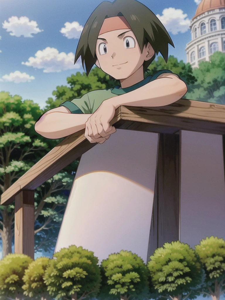 Tracey, solo, smile, shirt, 1boy, closed mouth, upper body, male focus, outdoors, sky, cloud, black eyes, green shirt, anime coloring pokemovies, sugimori ken, ken sugimori ken \(style\), masterpiece, 8k, best quality, happy, smile, anime screencap, zoom out, landscape, sea, daytime, sunlight, concept art, anime background,