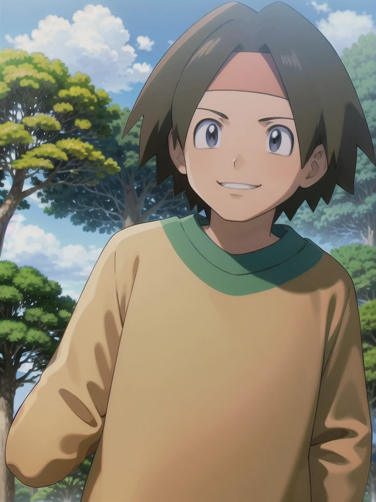 Tracey, solo, smile, shirt, 1boy, closed mouth, upper body, male focus, outdoors, sky, cloud, black eyes, green shirt, anime coloring pokemovies, sugimori ken, ken sugimori ken \(style\), masterpiece, 8k, best quality, happy, smile, anime screencap, zoom out, landscape, sea, daytime, sunlight, concept art, anime background,