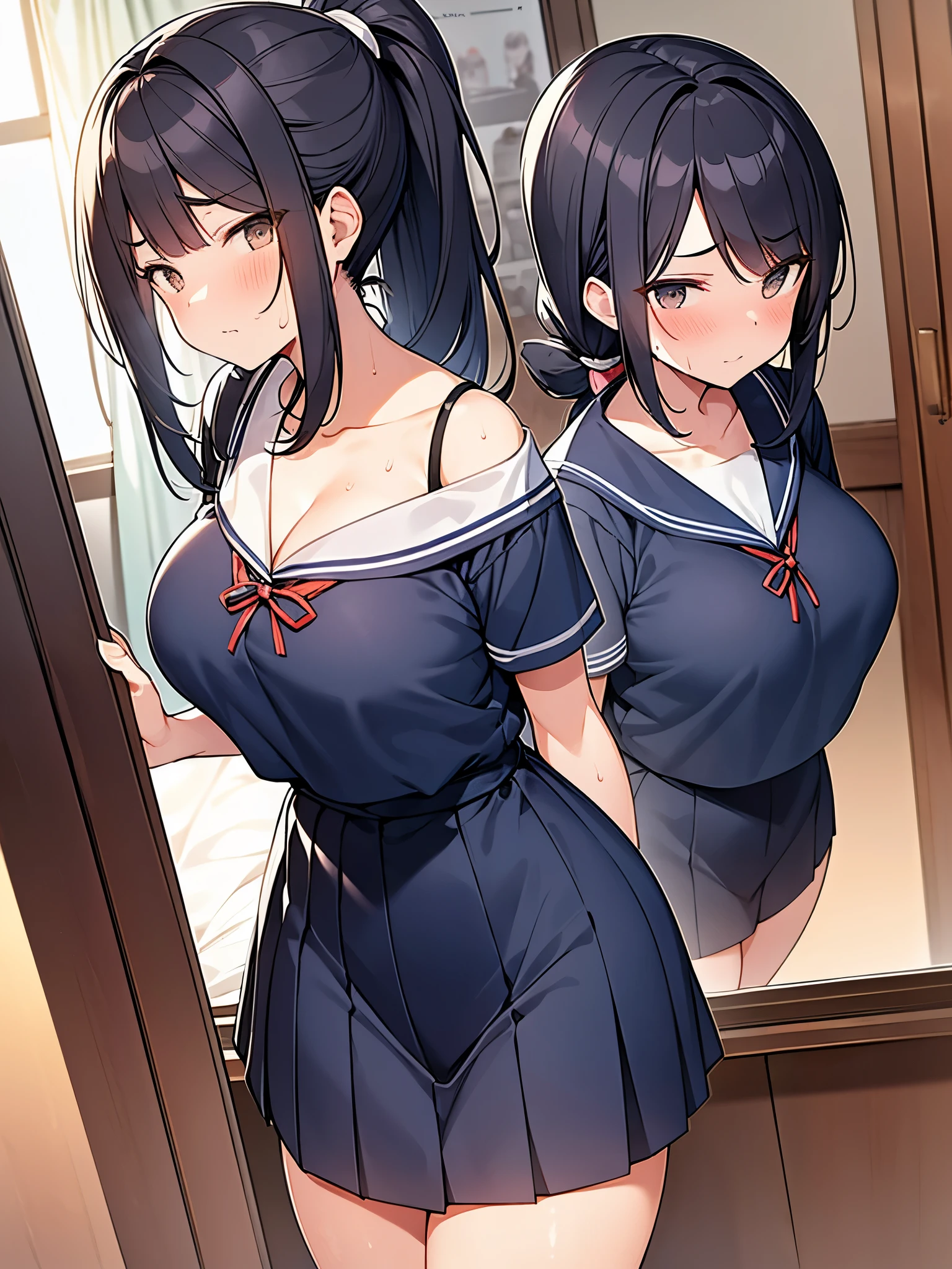 Navy blue short-sleeved sailor suit:1.9 Dark blue uniform pleated skirt Anime drawing with vivid colors Tall woman:1.9 Standing pose, sweat, breasts, buttocks, troubled face, glaring, wrinkled brows, flushed cheeks, night:1.3 Apartment bedroom, white sheets, short black hair, ponytail:1.9 Straight hair, bangs swept to the side:1.9. Slanted eyes, brown eyes, tall, big breasts, strong-willed, beautiful